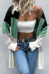 COLOR BLOCK OPEN FRONT CASUAL CARDIGAN - Doublju